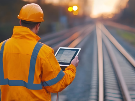 Betriebsmanager mit Tablet am Gleis