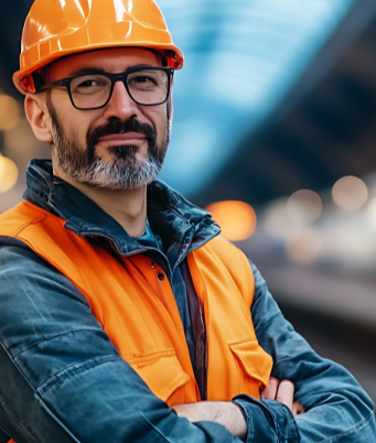 Bahnmitarbeiter mit Helm und Warnweste, mit verschränkten Armen